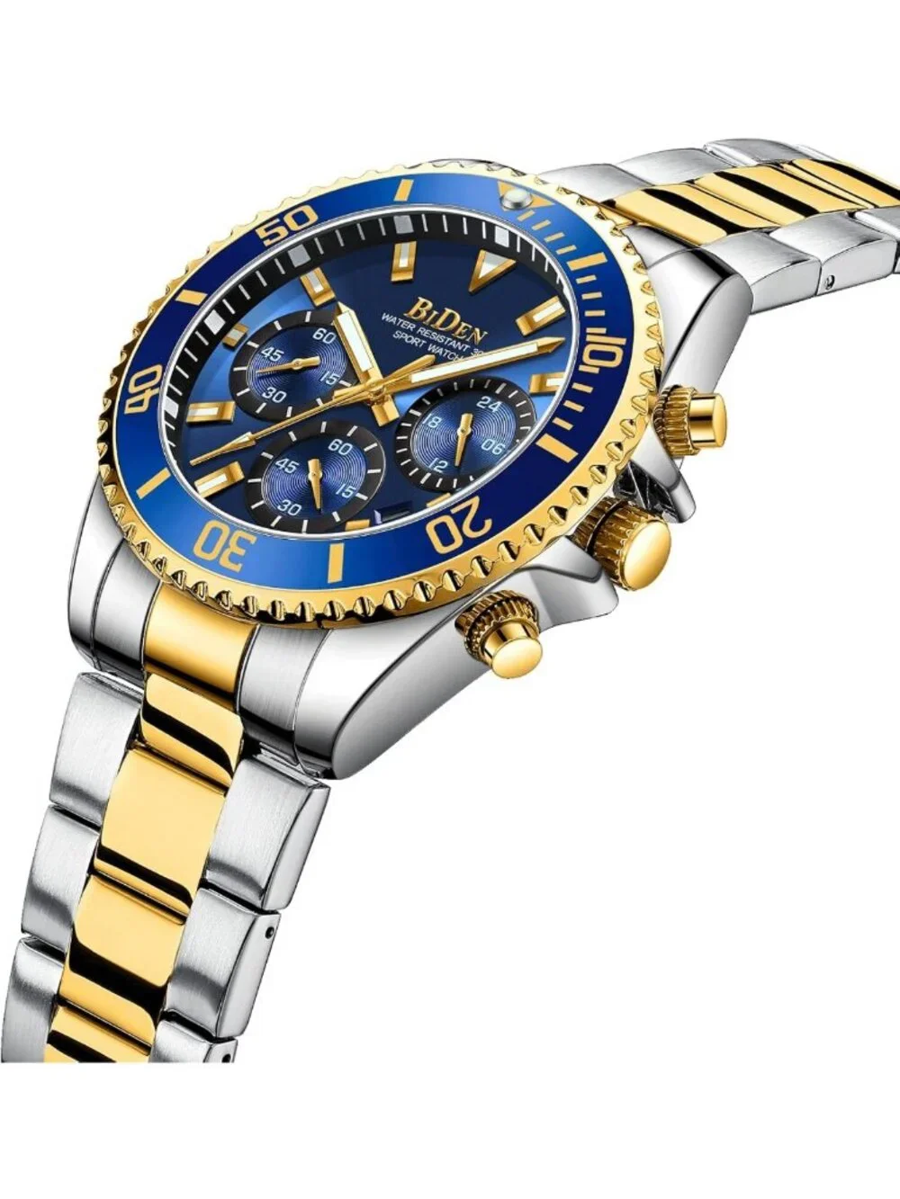 Stylish Men's Chronograph Watch - Gold & Blue Stainless Steel, Waterproof, Date